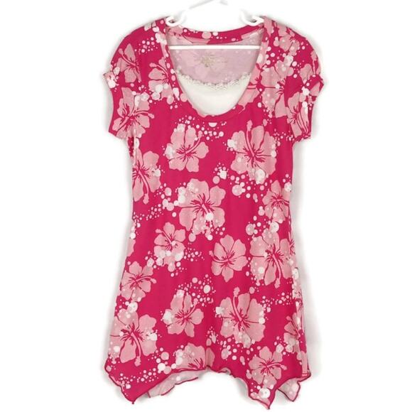 COPPER KEY Girls Sz 12 Pink White Top Tunic Flower Print Short Sleeve Scoop Neck - Picture 1 of 6
